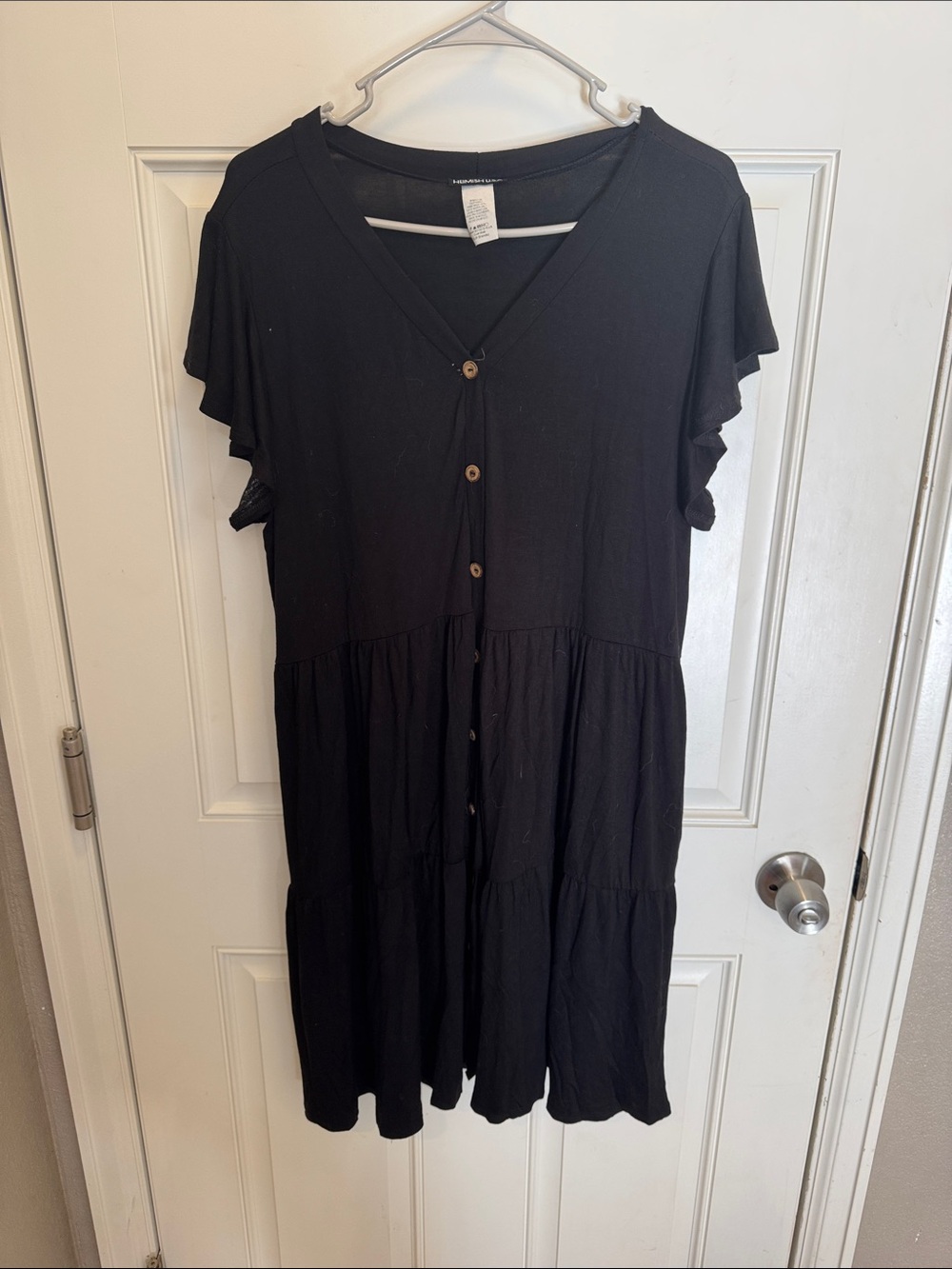 HEIMISH USA Black V‑Neck Button Tiered Mini Dress